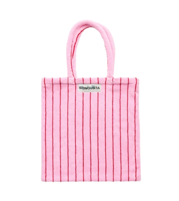 Bolso tote con rayas color rosa y rojo de Bongusta en tejido toalla: ligero y perfecto para llevar lo esencial en tu día a día, escapadas o días de playa.