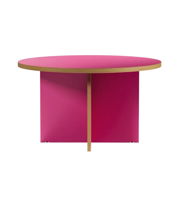 mesa de comedor redonda de madera color rosa de hkliving