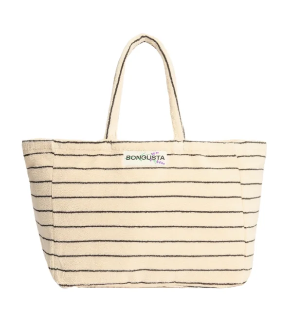 Bolso de playa weekend de Bongusta en tejido toalla rayas color crema: amplio, cómodo y perfecto para llevar lo imprescindible en escapadas de fin de semana o días de playa.