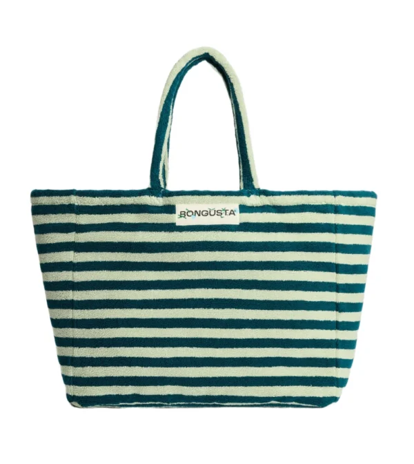 Bolso de playa weekend de Bongusta en tejido toalla rayas verdes: amplio, cómodo y perfecto para llevar lo imprescindible en escapadas de fin de semana o días de playa.