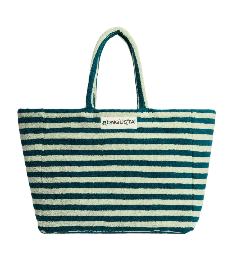 Bolso de playa weekend de Bongusta en tejido toalla rayas verdes: amplio, cómodo y perfecto para llevar lo imprescindible en escapadas de fin de semana o días de playa.