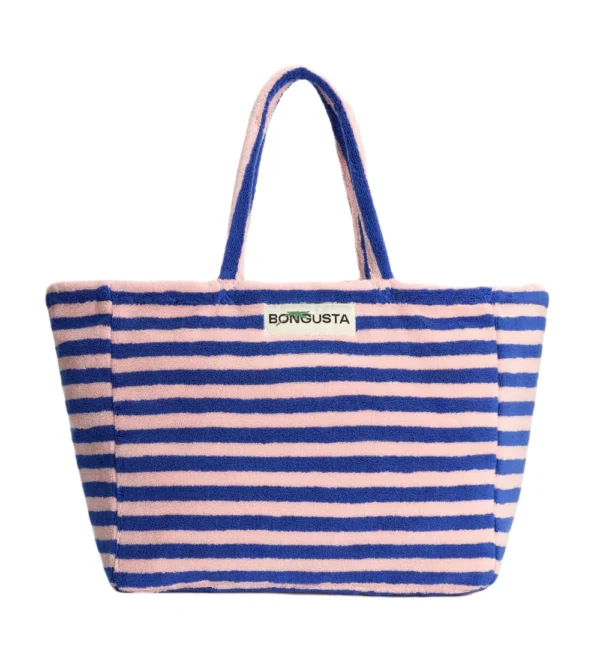 Bolso de playa weekend de Bongusta en tejido toalla rayas azules y rosas: amplio, cómodo y perfecto para llevar lo imprescindible en escapadas de fin de semana o días de playa.
