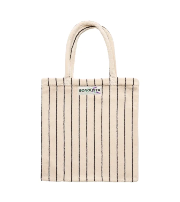 Bolso tote con rayas color crema y negro de Bongusta en tejido toalla: ligero y perfecto para llevar lo esencial en tu día a día, escapadas o días de playa.