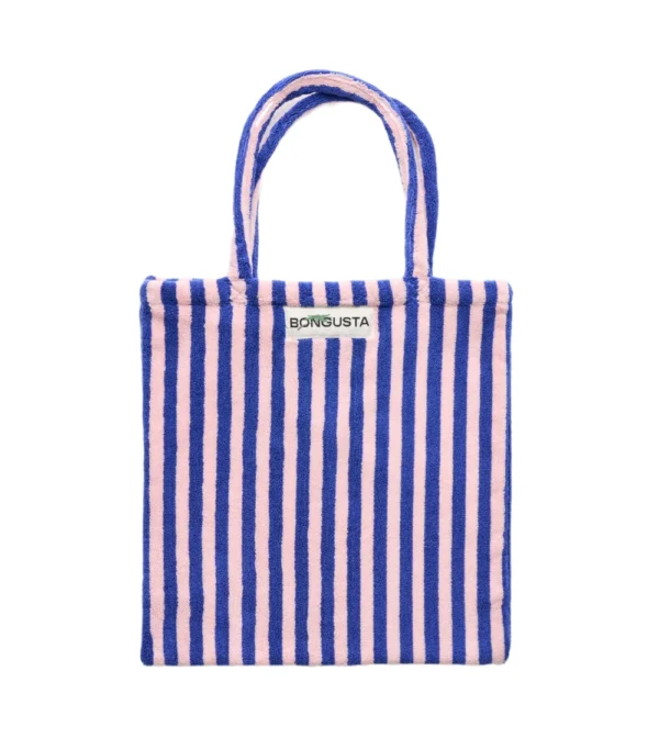 Bolso tote con rayas azules y rosas de Bongusta en tejido toalla: práctico, ligero y perfecto para llevar lo esencial en tu día a día, escapadas o días de playa.