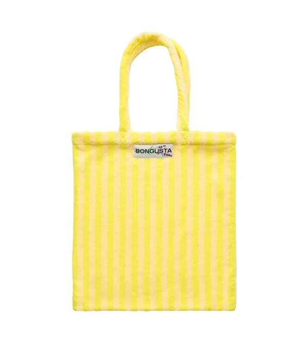 Bolso tote con rayas amarillas de Bongusta en tejido toalla: práctico, ligero y perfecto para llevar lo esencial en tu día a día, escapadas o días de playa.