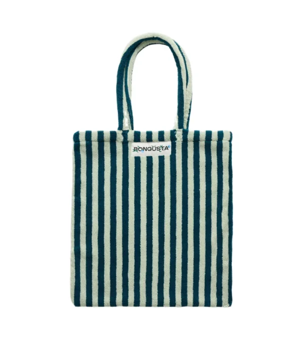 Bolso tote a rayas verdes de Bongusta en tejido toalla: práctico, ligero y perfecto para llevar lo esencial en tu día a día, escapadas o días de playa.