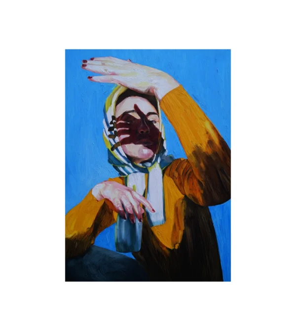 Lámina pintura de una mujer fondo azul