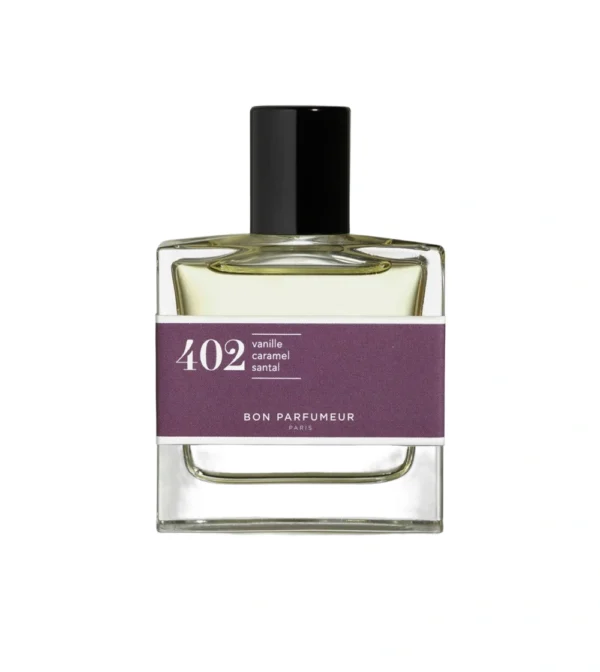 Frasco de perfume Bon Parfumeur 402 de 30ml con notas de vainilla, caramelo y sándalo sobre fondo neutro.