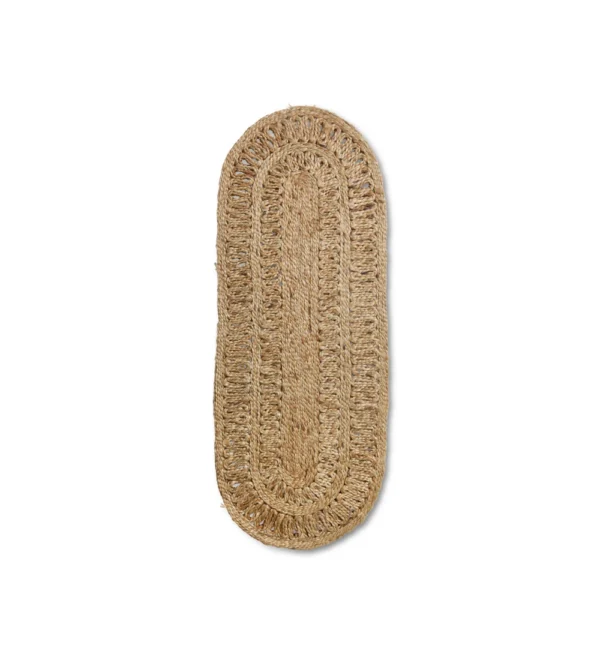 alfombra pasillera ovalada pequeña de yute HKLIVING con textura natural en recibidor.