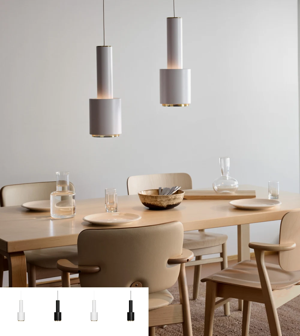 lámpara colgante blanca Hand Grenade de Artek diseñada por Alvar Aalto con pantalla de acero y anillo de latón.