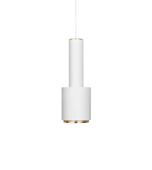 lámpara colgante blanca Hand Grenade de Artek diseñada por Alvar Aalto con pantalla de acero y anillo de latón.