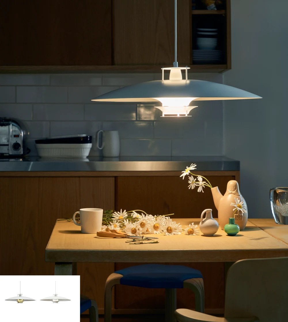 lámpara colgante JL341 de Artek diseñada por Juha Leiviskä con pantalla minimalista en aluminio blanco.