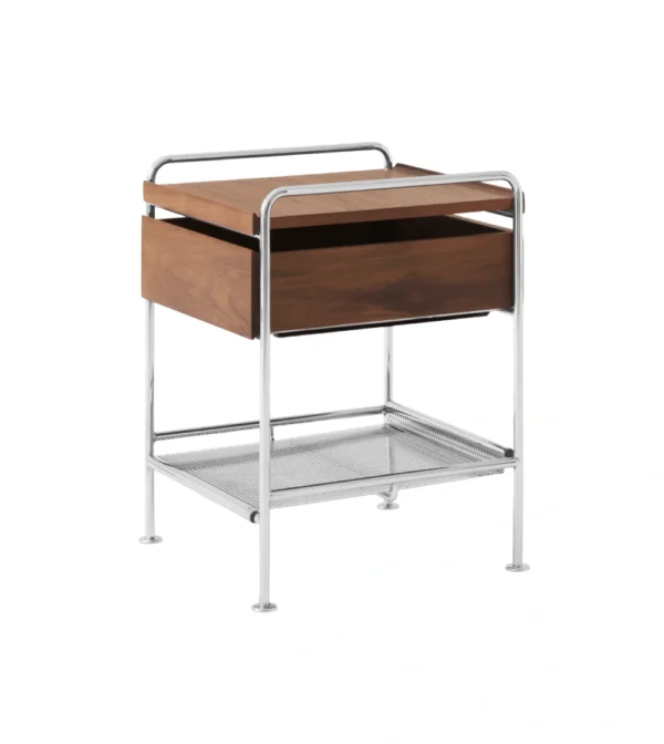 mesa auxiliar o mesita de noche Alima de &Tradition con cajón, estructura metálica y pies cromados.