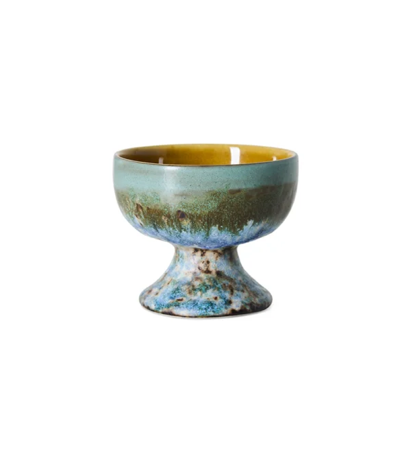 70s Ceramics Medium Coupe Agave de HKLIVING, cuenco de gres multicolor elevado sobre pie con acabado retro.