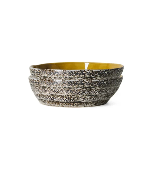 70s Ceramics Pasta Bowls Brew de HKLIVING, set de dos cuencos de gres multicolor para pasta con diseño retro.