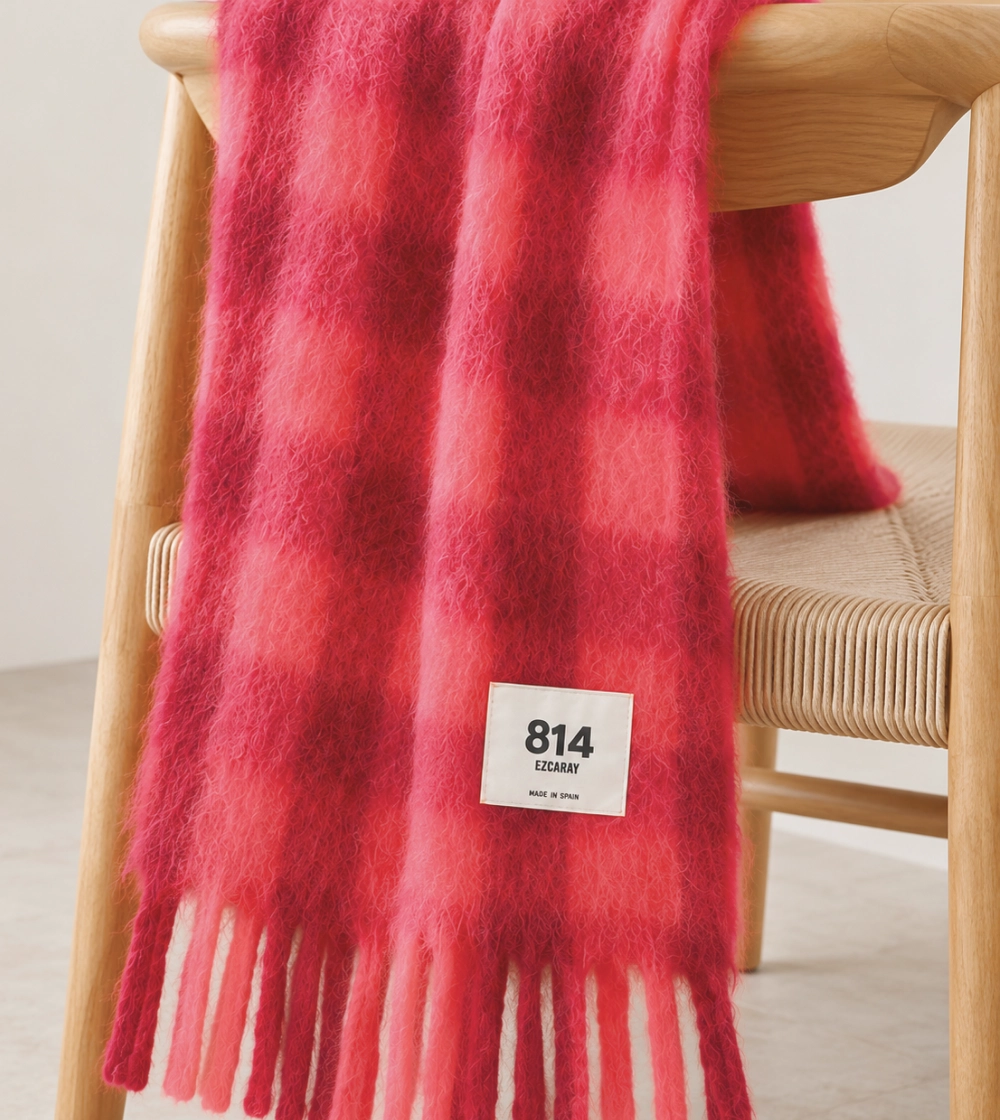 Bufanda Stripy Vichy de Ezcaray en mohair y lana, con estampado de cuadros bicolor en rosa y morado y flecos.