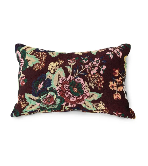 Woven Cushion Night Flower de HKLIVING, cojín rectangular tejido con flores en tonos intensos sobre fondo oscuro y textura en relieve.