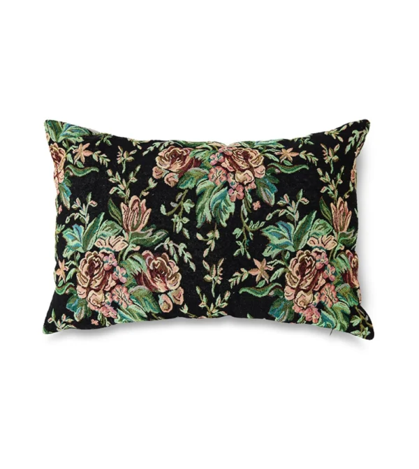 Woven Cushion Evening Bloom de HKLIVING, cojín rectangular de algodón tejido con estampado floral multicolor sobre fondo oscuro.