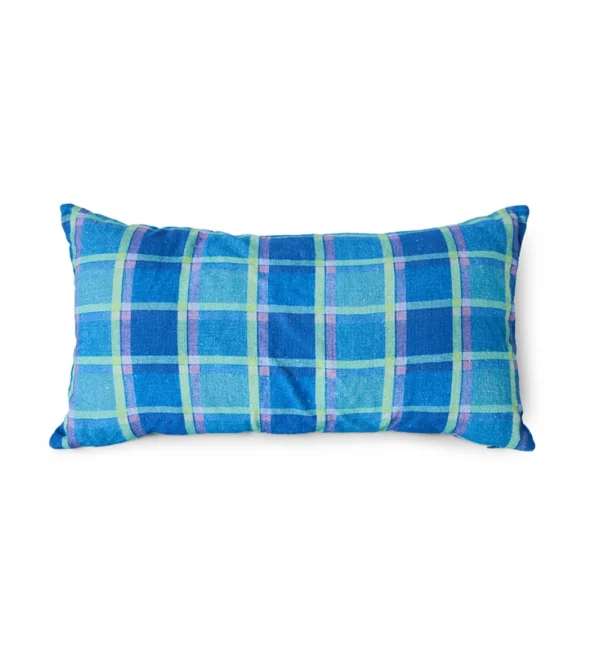 Printed Cushion Afternoon de HKLIVING, cojín rectangular azul de lino con estampado de cuadros de estilo gráfico.