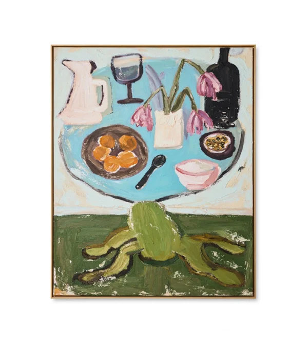 Cuadro Still Life de HKLIVING pintado a mano sobre lienzo de lino con bodegón de colores y marco de madera natural.