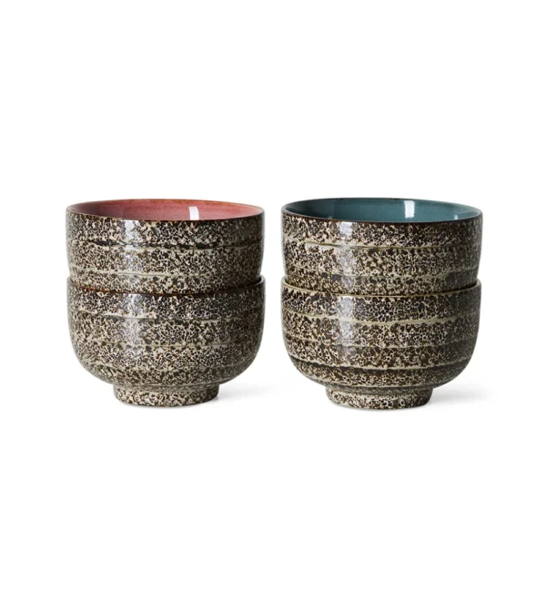 70s Ceramics Noodle Bowls Brew Variation de HKLIVING, set de cuatro cuencos de gres multicolor de 500 ml.