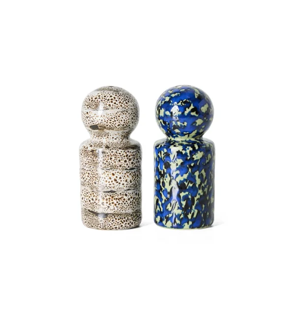 70s Ceramics Pepper & Salt Jar Grain de HKLIVING, set de salero y pimentero de gres multicolor con acabado retro.