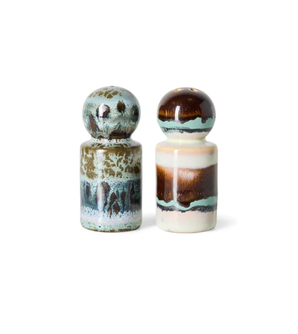 70s Ceramics Pepper & Salt Jar Swirl de HKLIVING, set de dos saleros y pimenteros de gres multicolor con acabado retro.