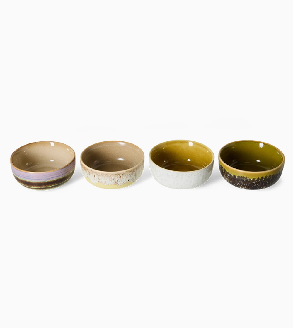 70s Ceramics Tapas Bowls Sweet de HKLIVING, set de cuatro cuencos de gres multicolor para aperitivos.