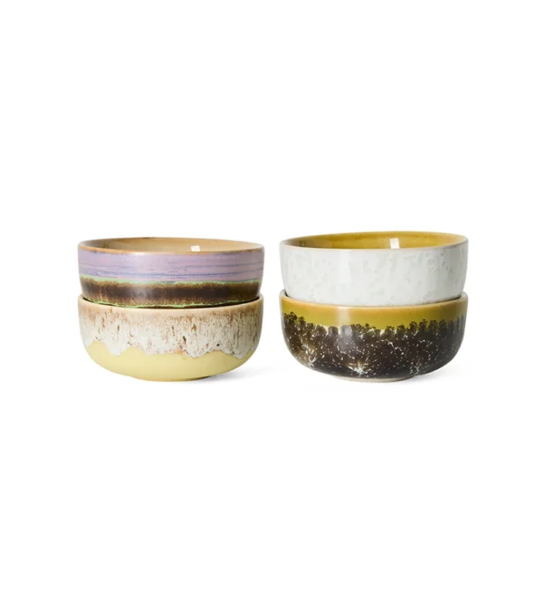 70s Ceramics Tapas Bowls Sweet de HKLIVING, set de cuatro cuencos de gres multicolor para aperitivos.
