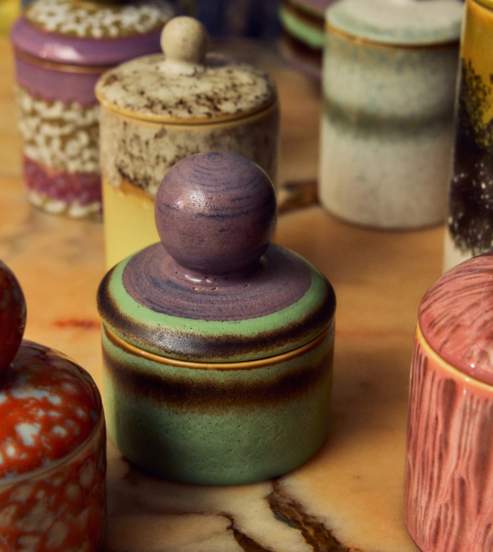70s Ceramics XS Storage Jar Mochi de HKLIVING, pequeño tarro de gres multicolor con diseño retro.