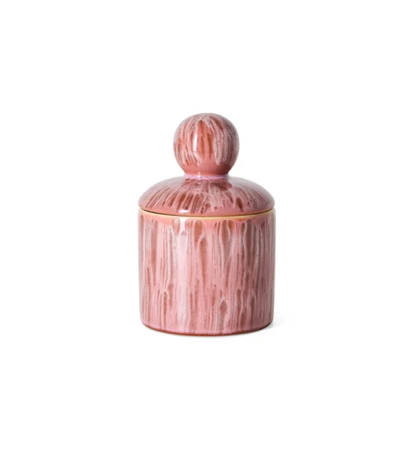70s Ceramics Small Storage Jar Rhubarb de HKLIVING, tarro de gres multicolor en tonos rosados con diseño retro.