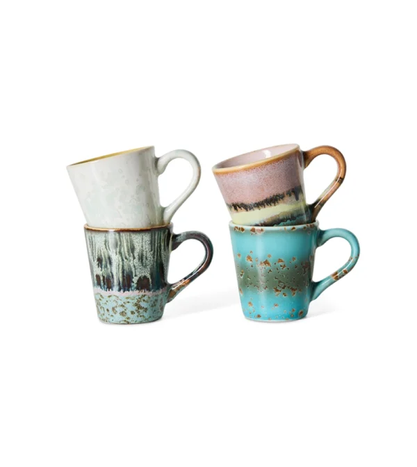 70s Ceramics Espresso Mugs Softness de HKLIVING, set de cuatro tazas de espresso de gres multicolor.