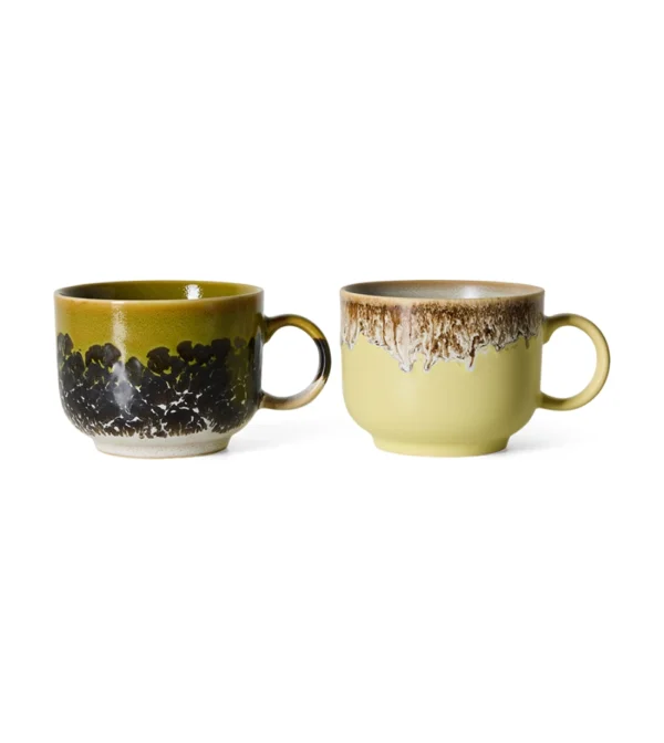 70s Ceramics Tea Cups Cravings de HKLIVING, set de dos tazas grandes de desayuno de cerámica gres multicolor.
