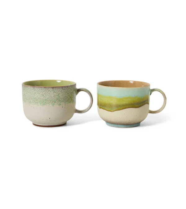 70s Ceramics Tea Cups Neo de HKLIVING, set de dos tazas de gres multicolor ideales como tazas de desayuno.
