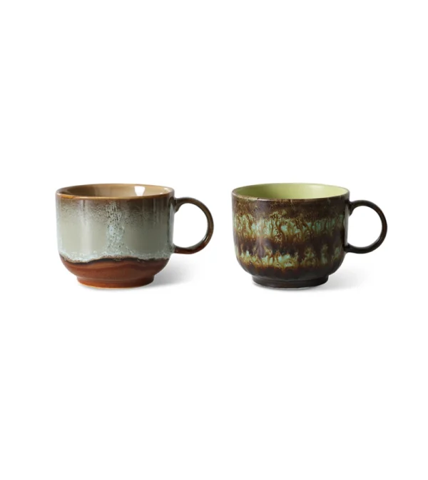 70s Ceramics Tea Cups Odyssey de HKLIVING, set de dos tazas de té de gres multicolor con asa perfectas como tazas de desayuno.