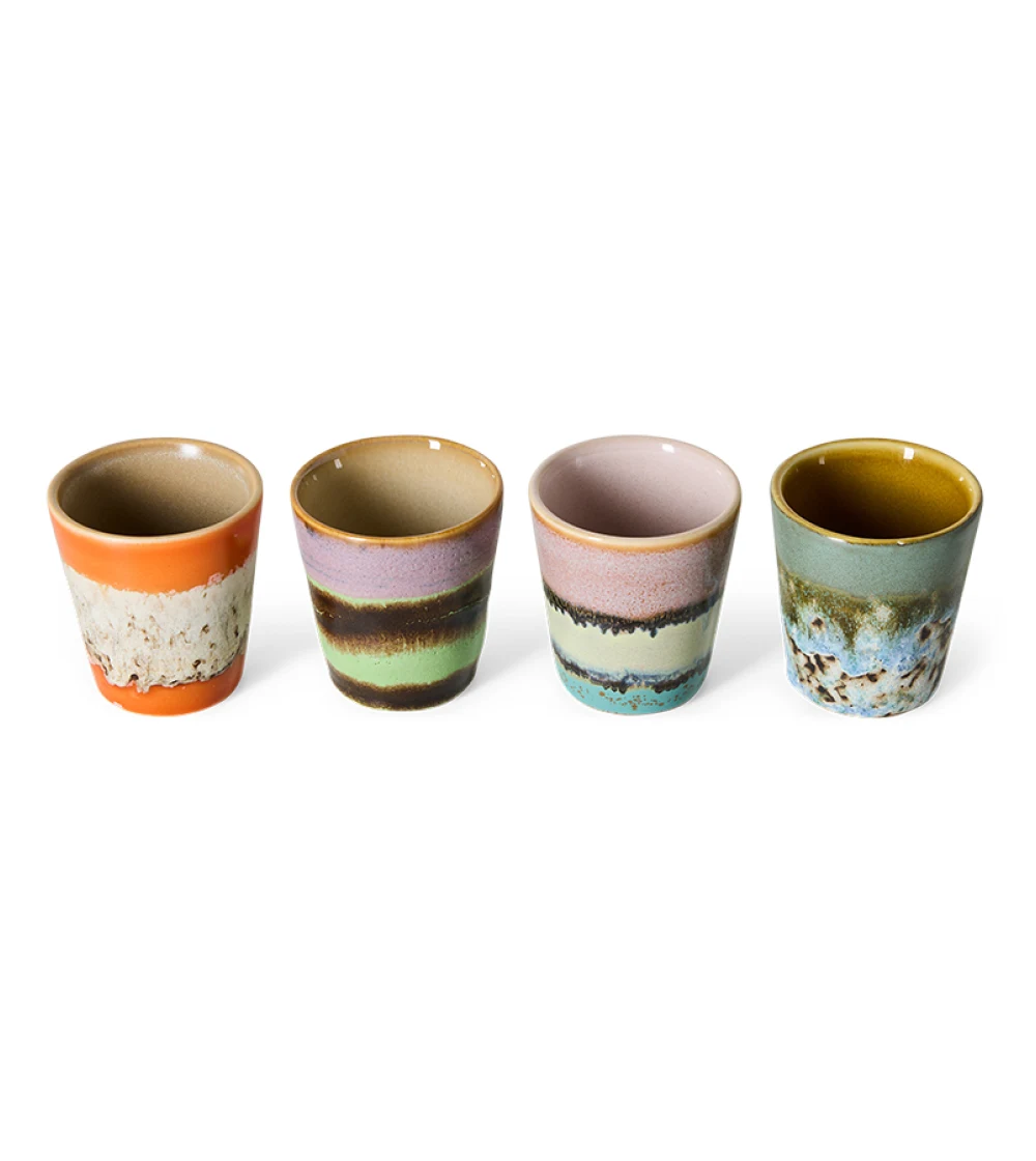 70s Ceramics Ristretto Mugs Nostalgia de HKLIVING, set de cuatro tazas pequeñas de gres con esmaltes de colores.