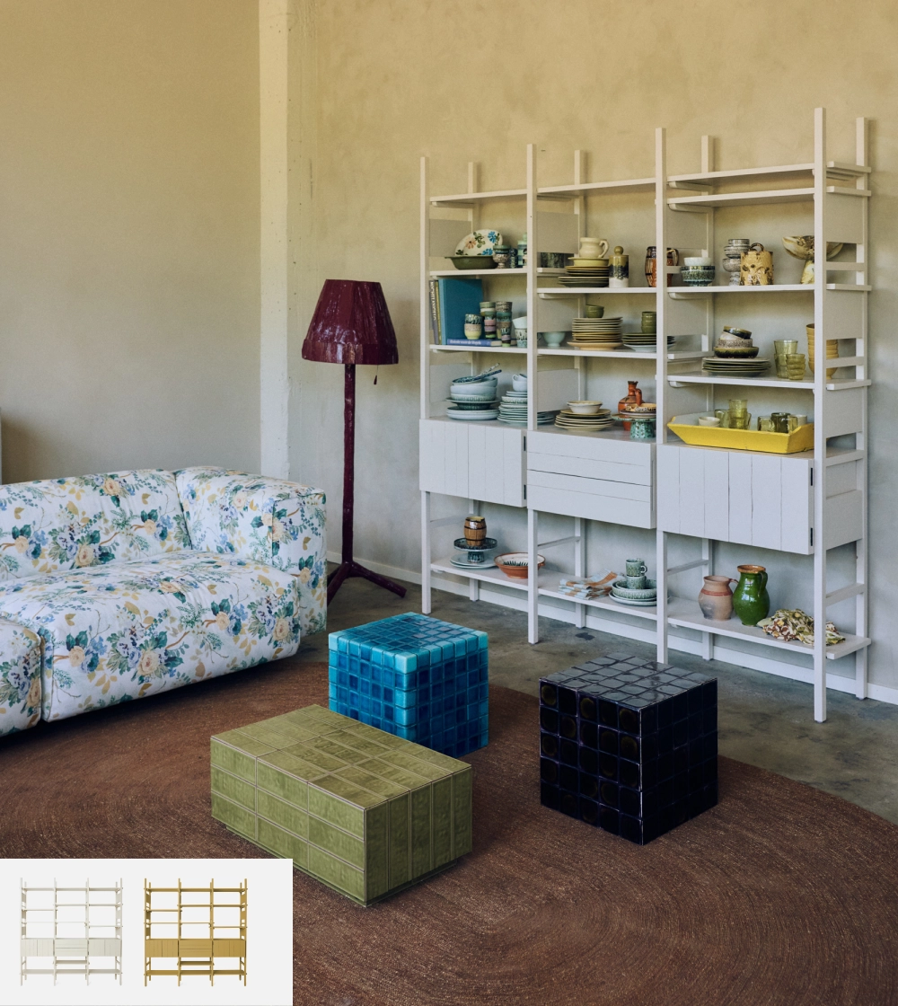 Raw Cabinet Cream de HKLIVING, una gran estantería de madera de pino con estantes abiertos, dos armarios y dos cajones. Diseño y almacenamiento.