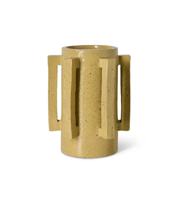 Robust Ceramic Vase Mustard de HKLIVING, jarrón de loza mostaza con cuerpo cilíndrico, grandes asas laterales y acabado moteado.
