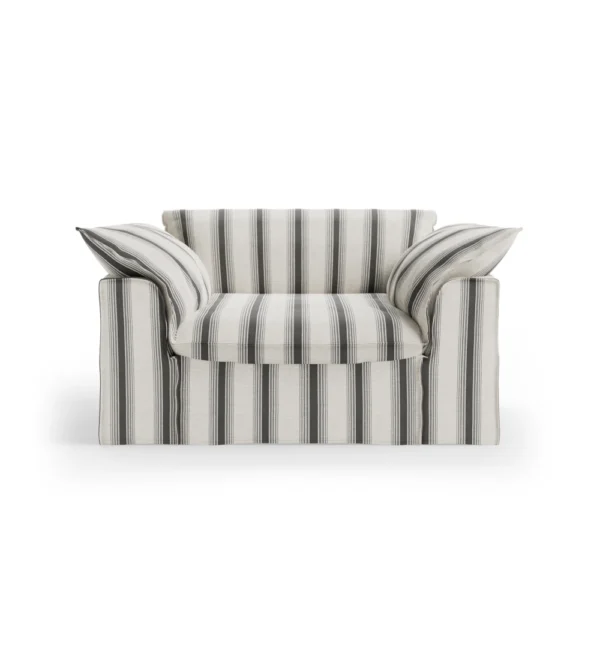 Sillón Nomad Loveseat Rocco Chalkstripe de HKLIVING, tapizado a rayas con funda desenfundable.