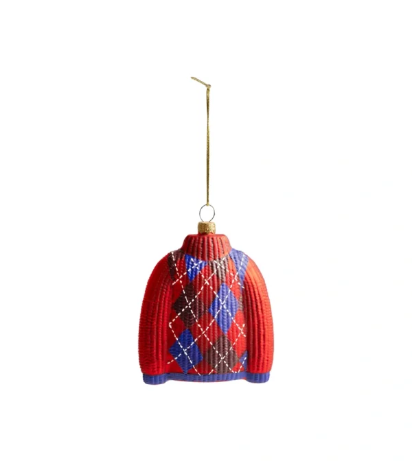 Adorno navideño Sweater Red de &Klevering, figura de cristal en forma de jersey navideño rojo con detalles decorativos multicolor para colgar en el árbol de Navidad.